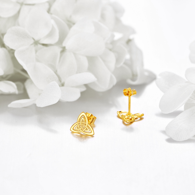 18K Yellow Gold Hollow Triangle Celtic Knot Stud Earrings-3