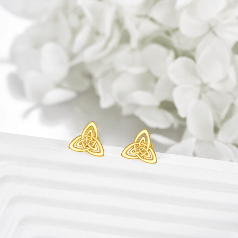 18K Yellow Gold Hollow Triangle Celtic Knot Stud Earrings-4