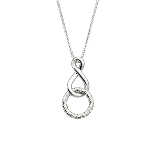 Collar con colgante de círculo y símbolo de infinito en oro blanco de 10 quilates