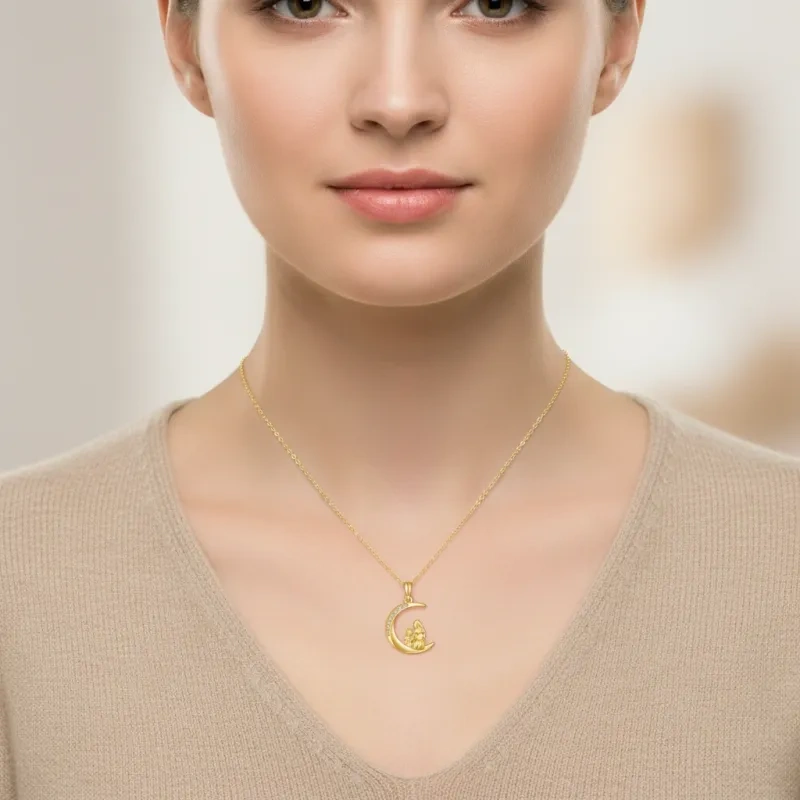 10K Rose Gold Crescent Moon Mother & Child Necklace with Cubic Zirconia Pendant-2
