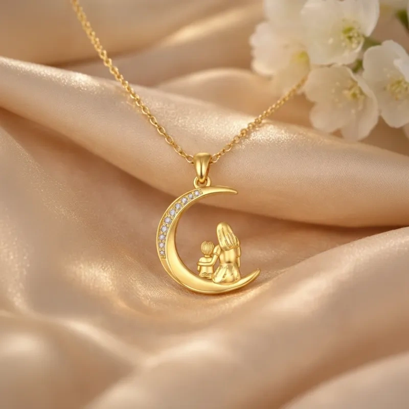10K Rose Gold Crescent Moon Mother & Child Necklace with Cubic Zirconia Pendant-4