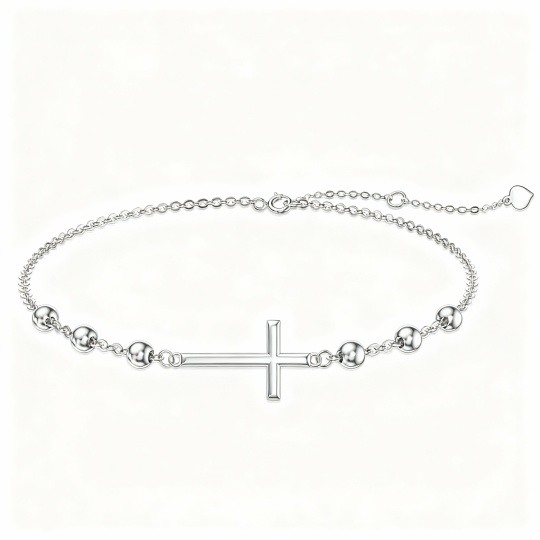 10K White Gold Cross Bead Station Chain Bracelet