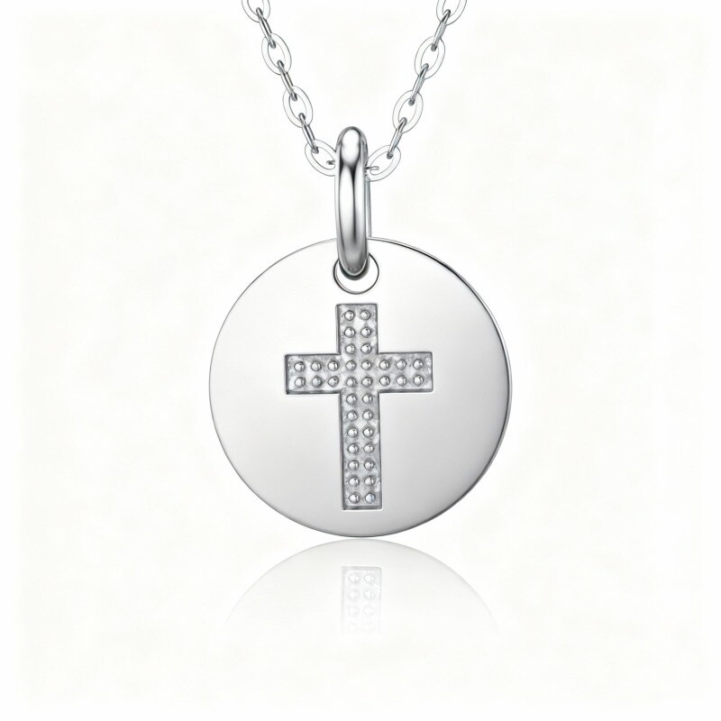 Collar con moneda de cruz de platino con baño de oro blanco-1