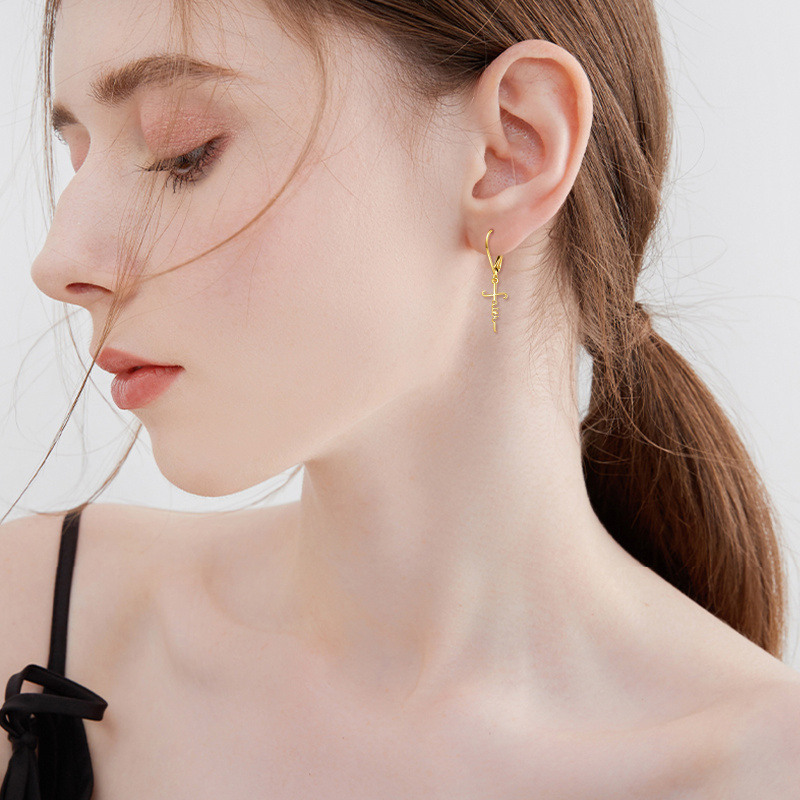 Pendientes colgantes de cruz de oro de 18 quilates-2