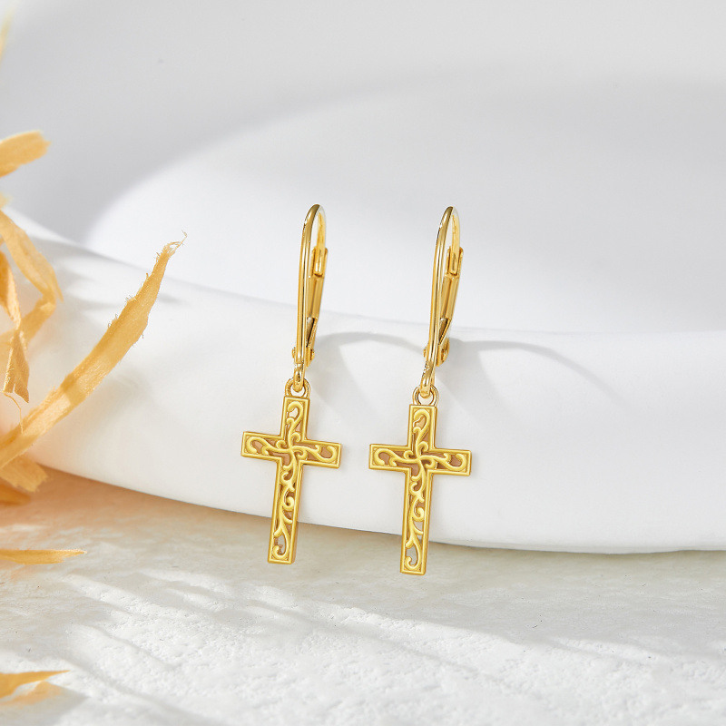 Pendientes colgantes de cruz de oro de 18 quilates-3