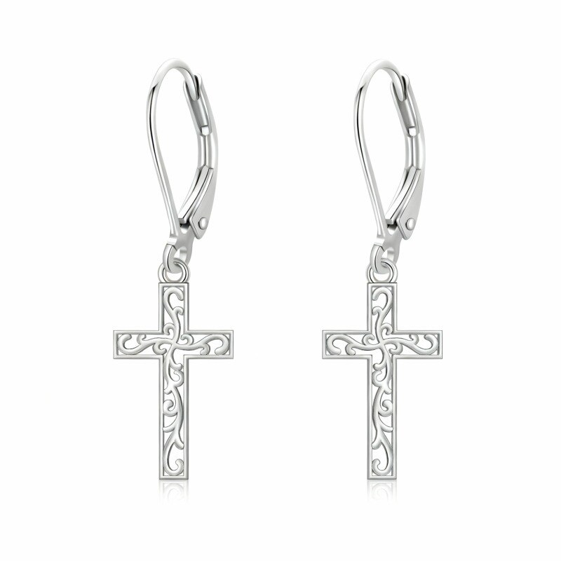 Pendientes colgantes de cruz de oro blanco de 10 quilates-1