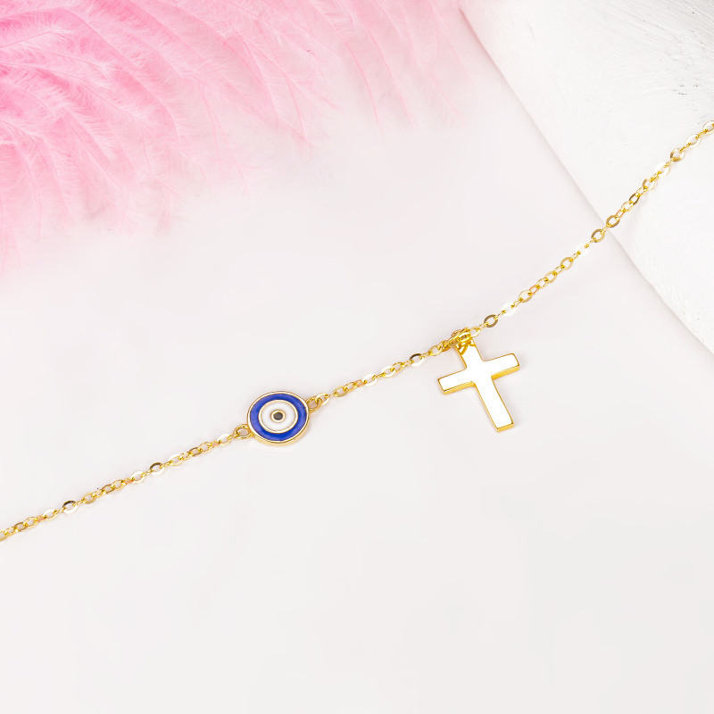 18Kゴールド クロス＆イーブルアイ シングルレイヤー チャーム アンクレット-4