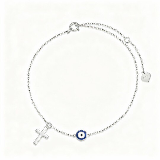 Bracelet de cheville monocouche en or blanc 10 carats avec pendentif croix et œil protecteur