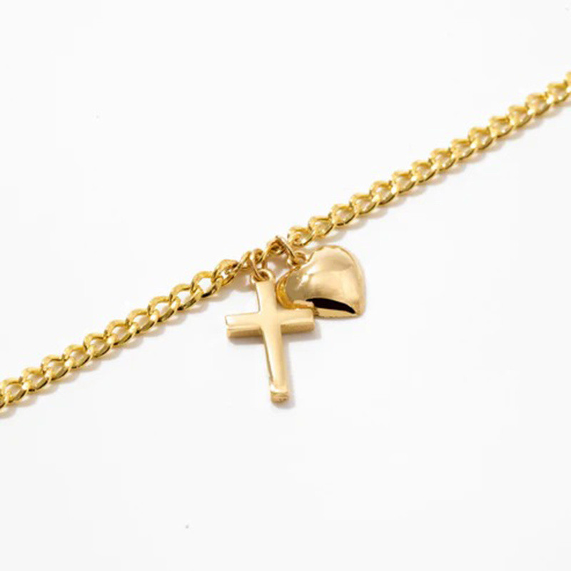 Pulsera con dije de cruz y corazón de oro de 14 quilates-3