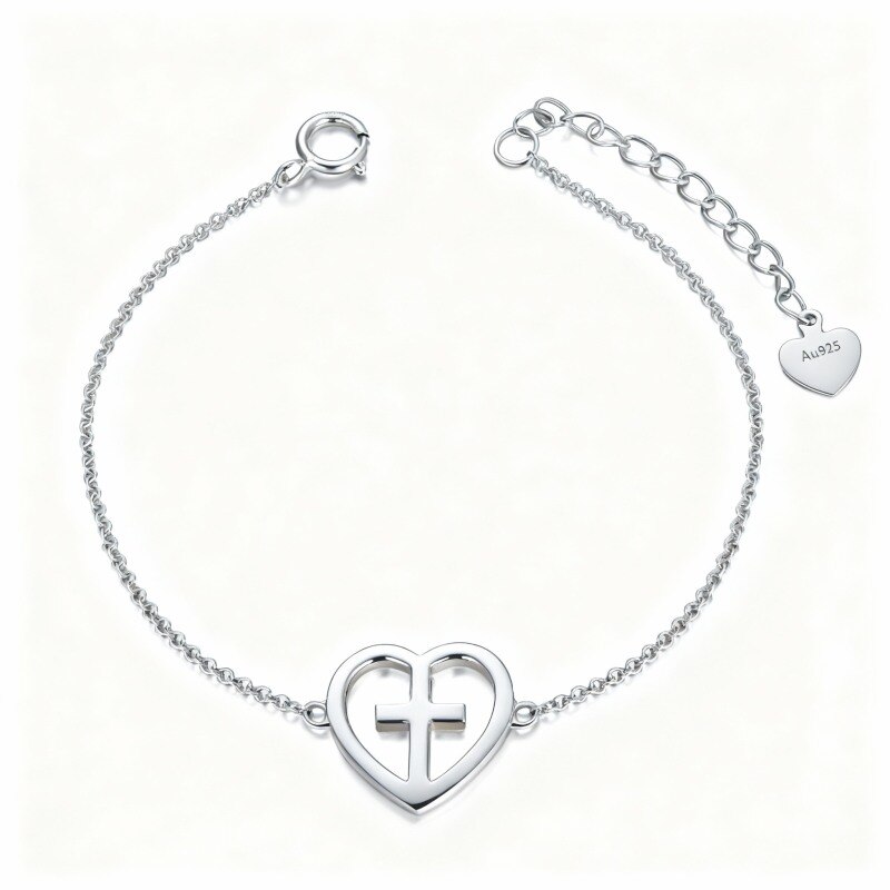 Pulsera con dije de cruz y corazón de oro blanco de 10 quilates-14
