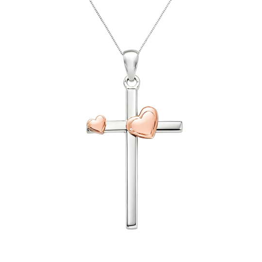 10K White Gold Cross & Heart Pendant Necklace