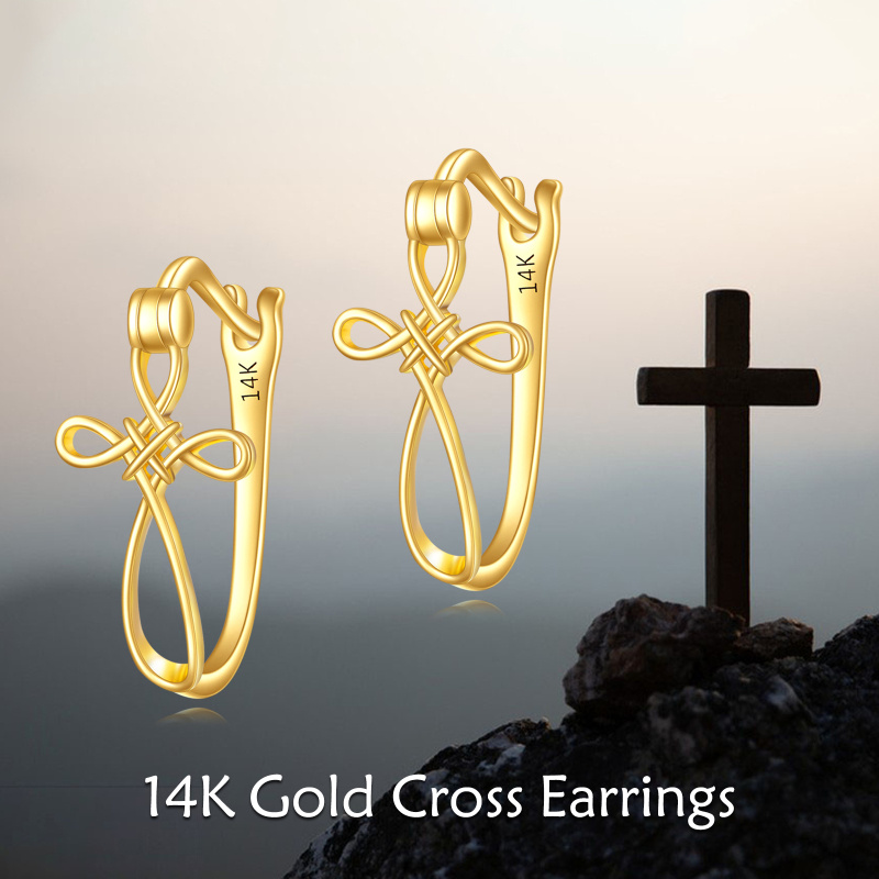 Pendientes de aro con cruz de oro de 18 quilates-6