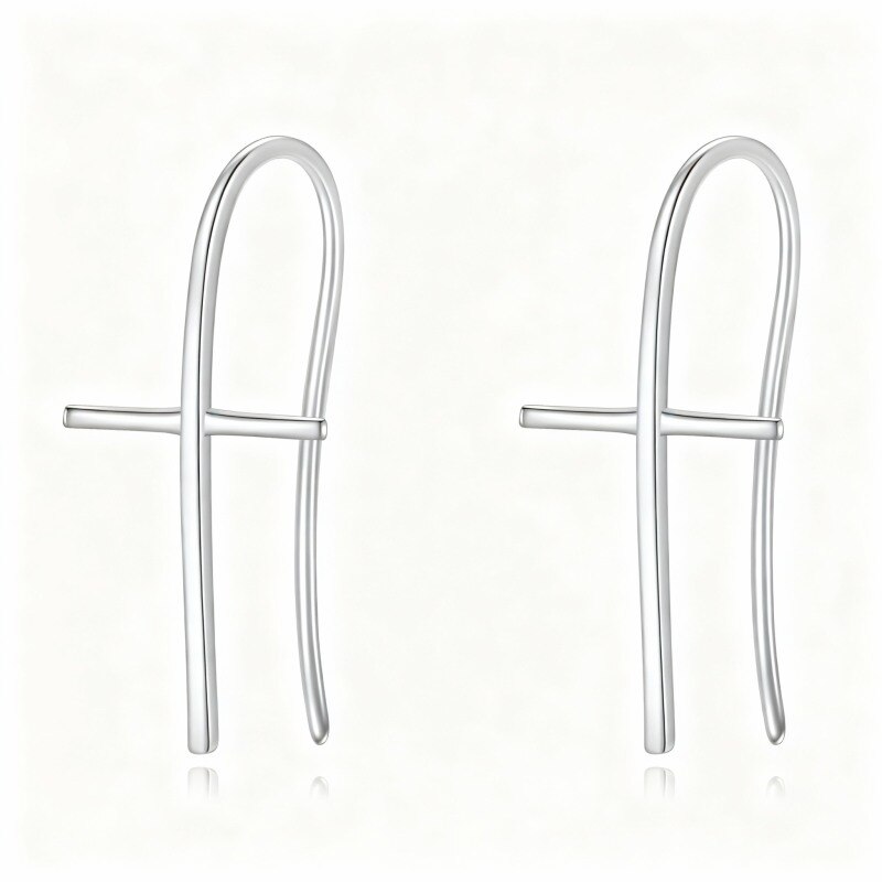 Pendientes de aro con cruz de oro blanco de 18 quilates-1