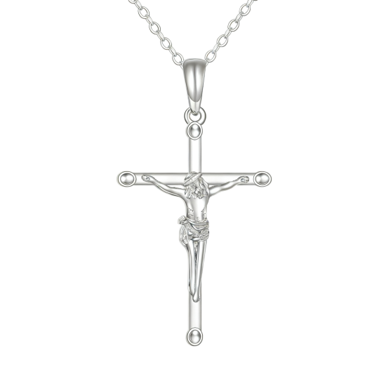 Colar com pendente de cruz e Jesus em ouro branco 10K