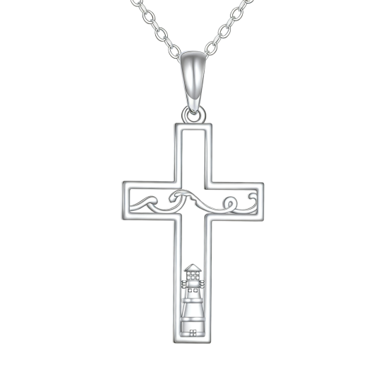 Colar com pendente de cruz e farol em ouro branco 10K