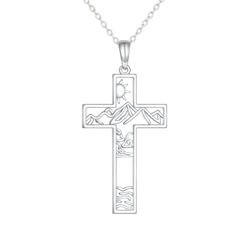 Collier pendentif croix et montagnes en or blanc 10 carats-1