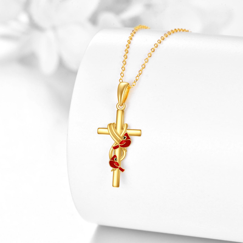 Collar con colgante de cruz y cardenales en oro de 14 quilates-3