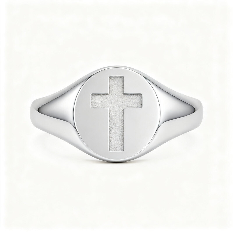 Anillo de sello con cruz de oro blanco de 18 quilates para hombre-1
