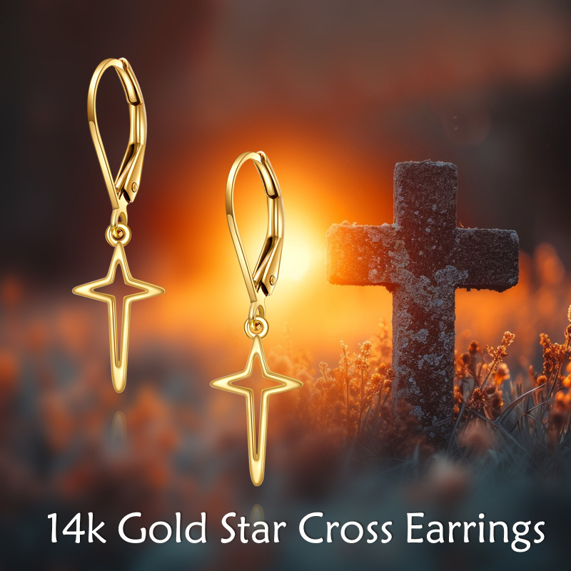 Pendientes de oro de 14 quilates con cruz y estrella y cierre de palanca-6