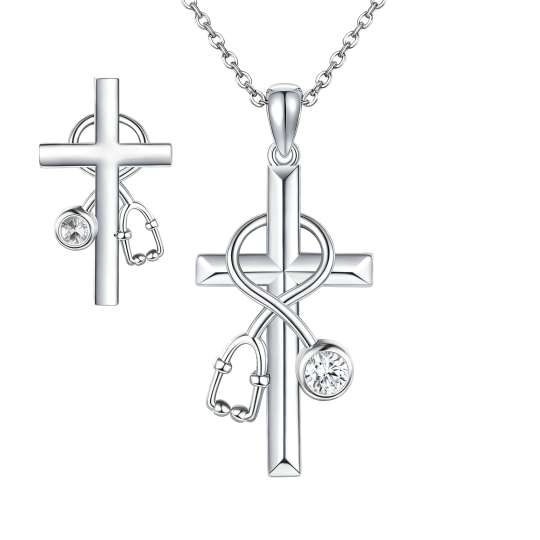 10K White Gold Cross & Stethoscope Pendant Necklace with Engraved Word