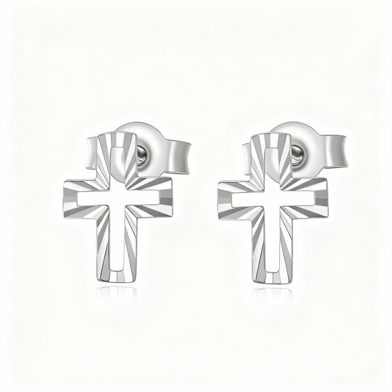 18K White Gold Cross Stud Earrings-1