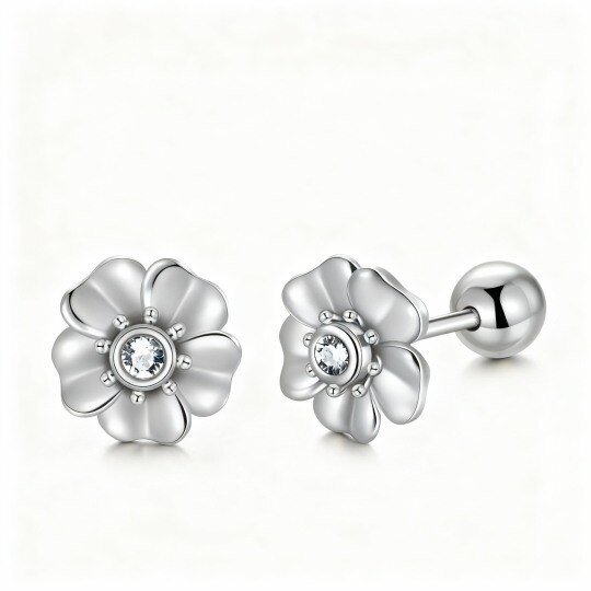 10K White Gold Crystal Cherry Blossom Stud Earrings