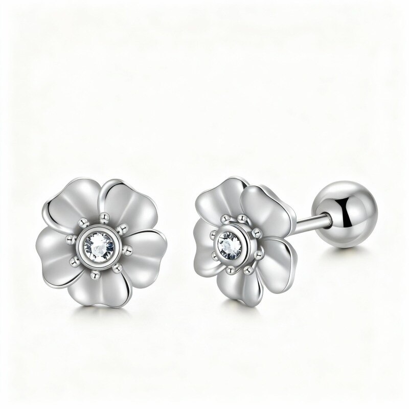 10K White Gold Crystal Cherry Blossom Stud Earrings-1