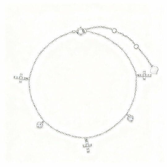 Bracelet de cheville simple couche en or blanc 10 carats avec pendentif croix et cœur en cristal