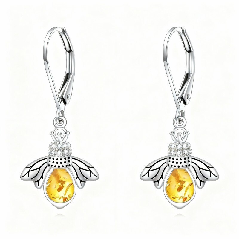 Pendientes de oro blanco de 10 quilates con cristal y circonitas cúbicas en forma de abeja y cierre de palanca-7