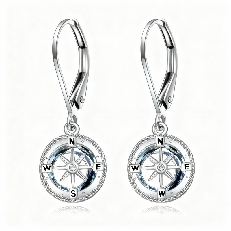 Platinum with White Gold Plated Crystal & Cubic Zirconia Compass Lever-back Earrings-1