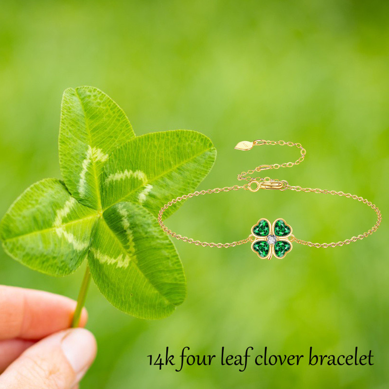 Pulsera con dije de trébol de cuatro hojas, oro de 14 quilates, cristal y circonita cúbica-7