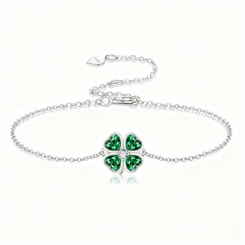 10K White Gold Crystal & Cubic Zirconia Four Leaf Clover Charm Bracelet-8