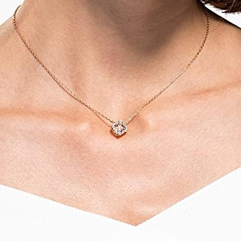 Collier pendentif trèfle à quatre feuilles en or rose 14 carats, cristal et zircon cubique-3