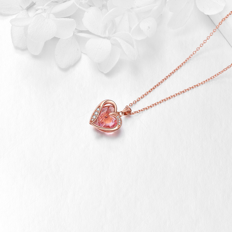 Collar con colgante de corazón de cristal y circonita cúbica en oro rosa de 10 quilates-4