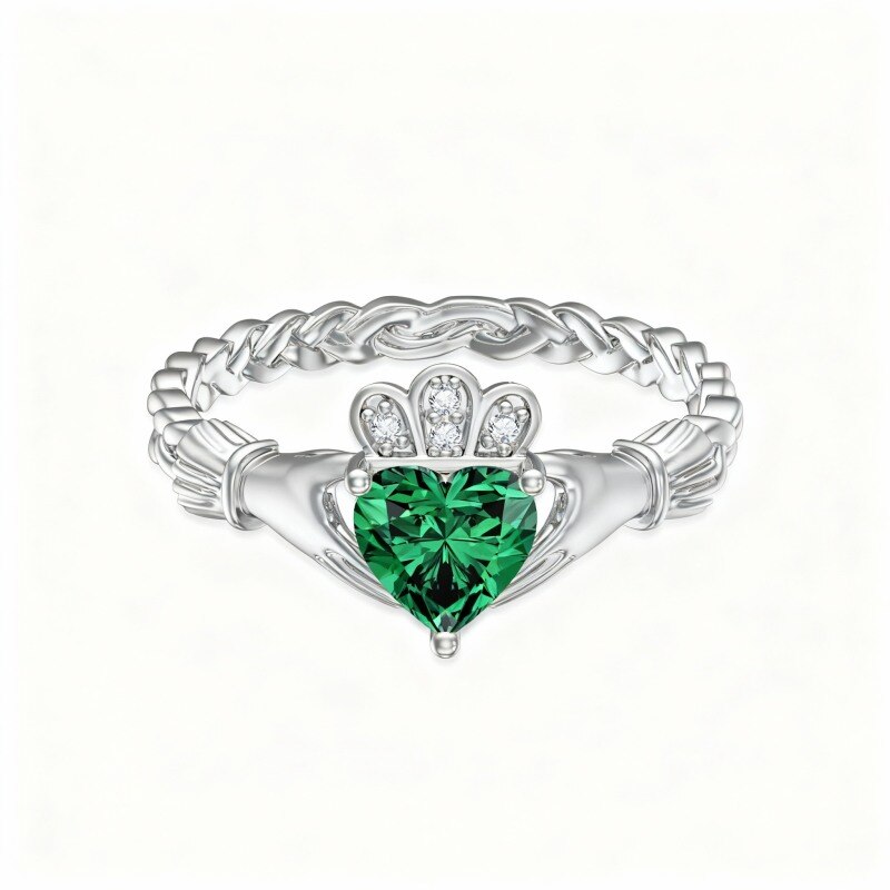 Anillo de oro blanco de 10 quilates con corazón de cristal y manos entrelazadas-3