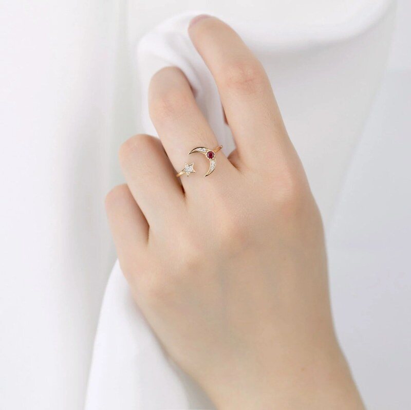 Bague lune et étoile en or 18 carats et cristal pour femme-2