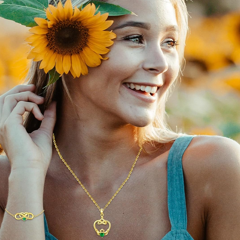Pulsera personalizada de oro de 14 quilates con piedra natal, corona, corazón y símbolo de infinito para mujer-3