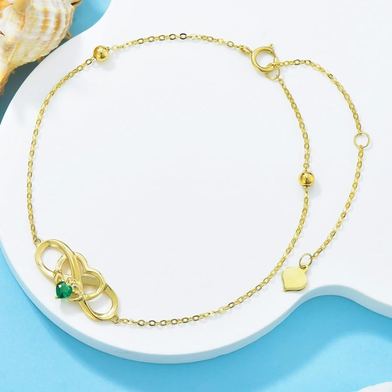 Pulsera personalizada de oro de 14 quilates con piedra natal, corona, corazón y símbolo de infinito para mujer-4