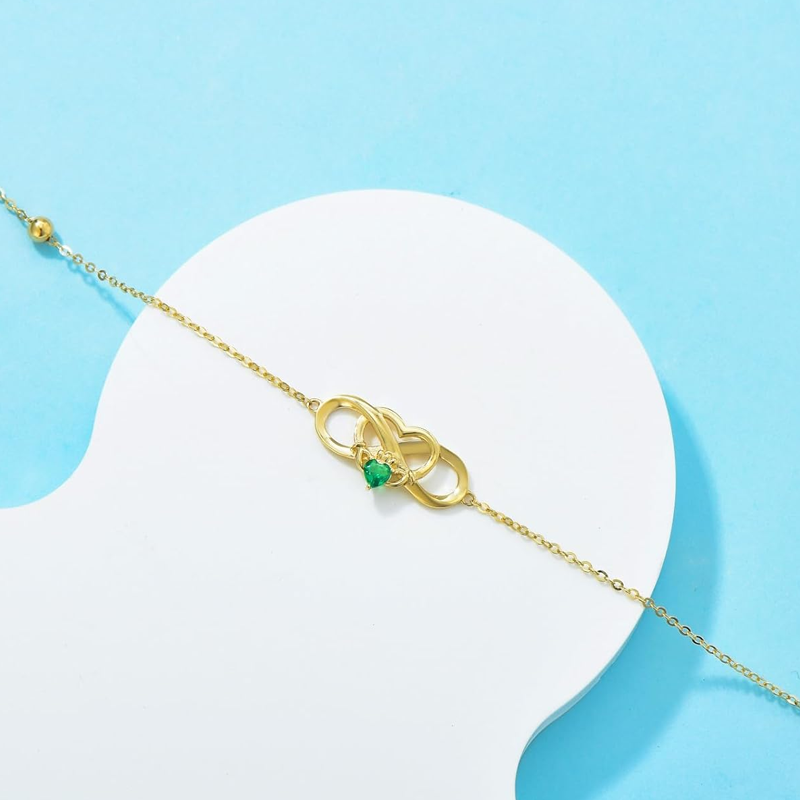 Pulsera personalizada de oro de 14 quilates con piedra natal, corona, corazón y símbolo de infinito para mujer-5