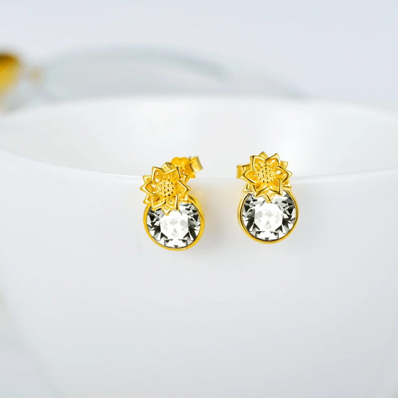 10K Rose Gold Crystal & Personalized Birthstone Sunflower Stud Earrings-3