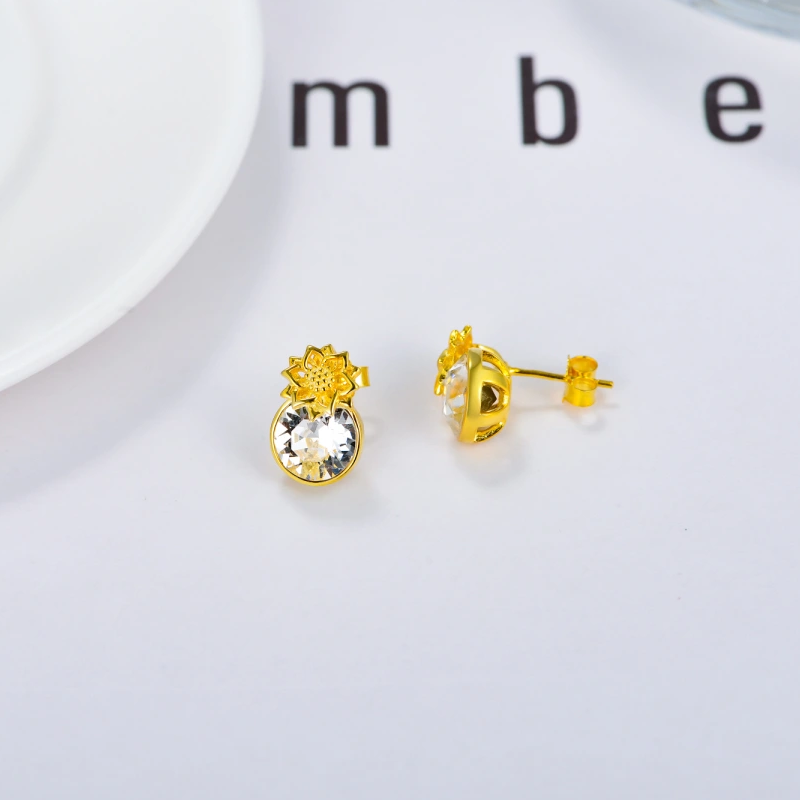 10K Rose Gold Crystal & Personalized Birthstone Sunflower Stud Earrings-4