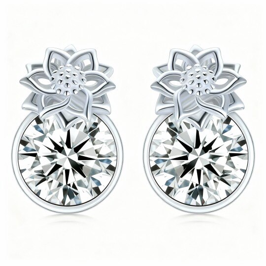 10K White Gold Crystal & Personalized Birthstone Sunflower Stud Earrings
