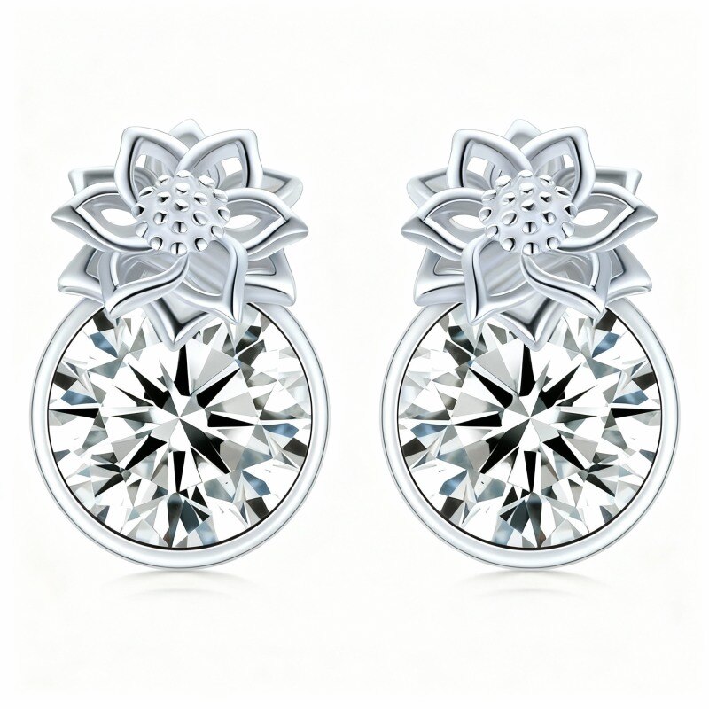 Platinum with White Gold Plated Crystal & Personalized Birthstone Sunflower Stud Earrings-1