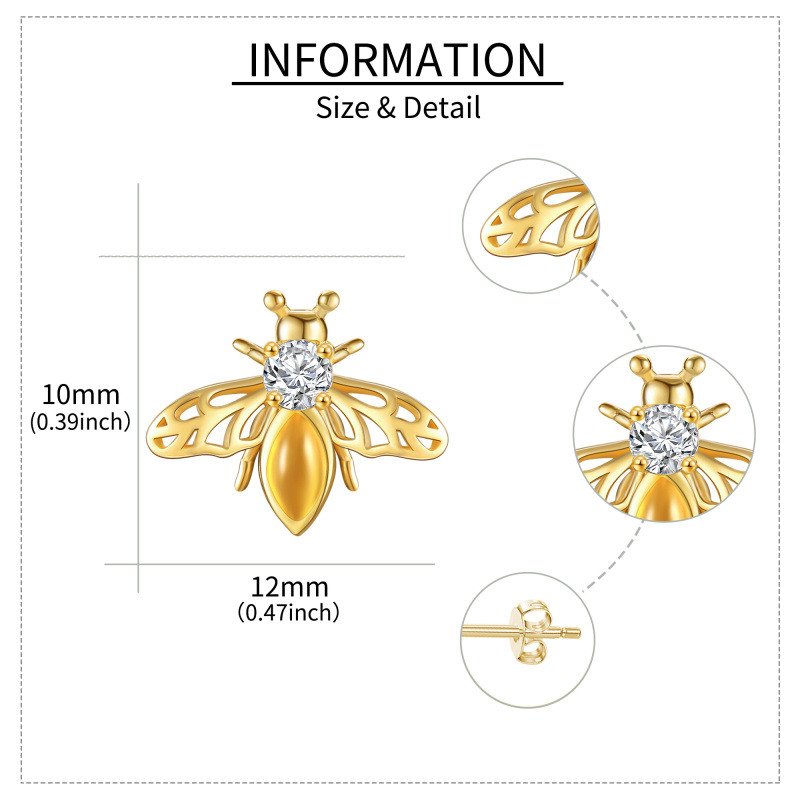 Pendientes de botón de abeja de oro blanco de 18 quilates con circonitas cúbicas y ámbar-5
