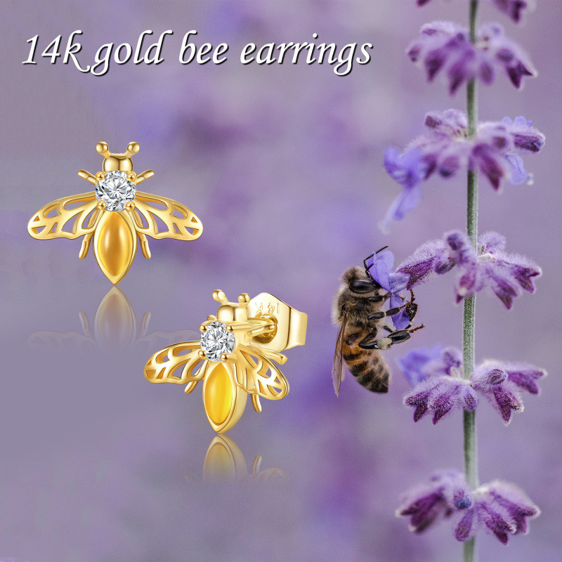 Pendientes de botón de abeja de oro blanco de 18 quilates con circonitas cúbicas y ámbar-6