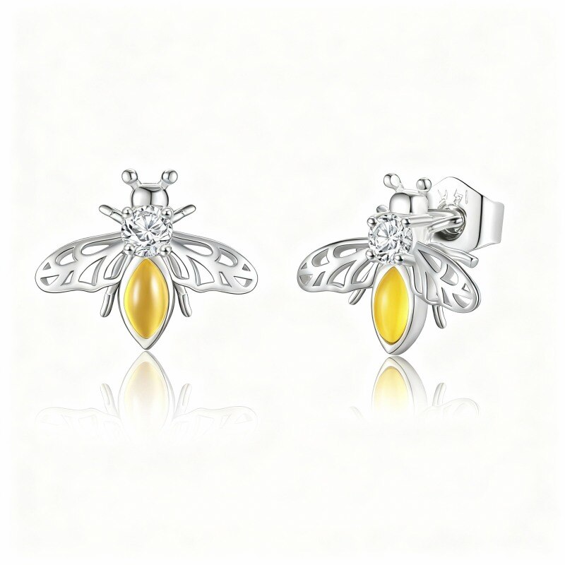 Pendientes de botón de abeja de oro blanco de 18 quilates con circonitas cúbicas y ámbar-1