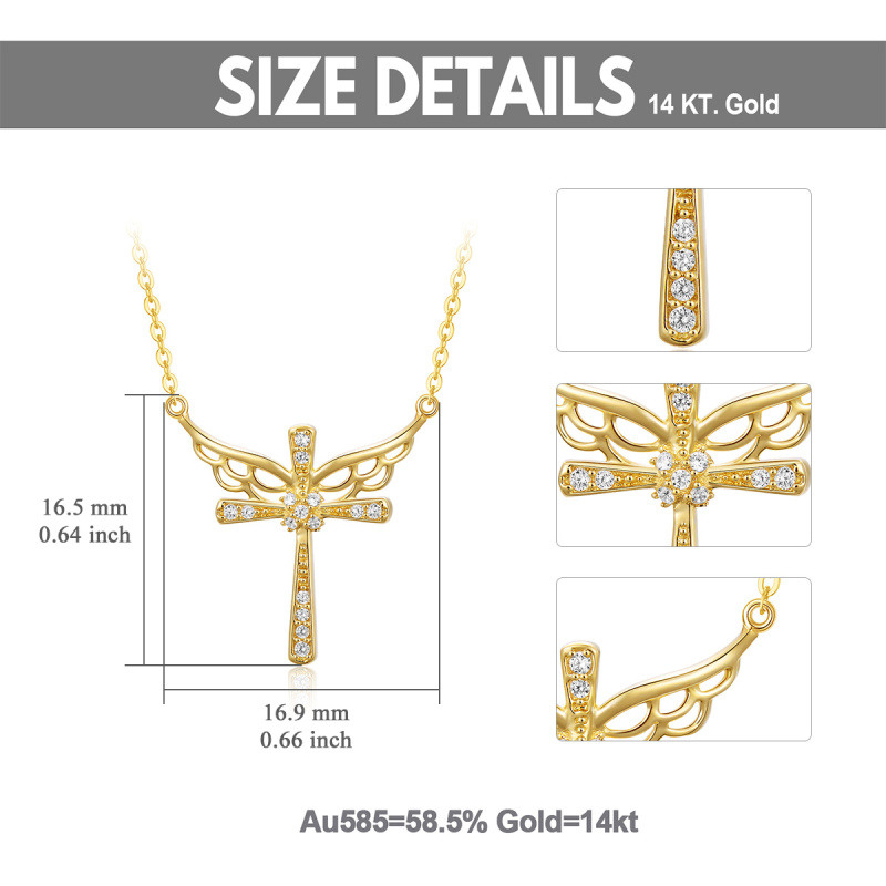 Collar con colgante de ala de ángel y cruz de circonita cúbica en oro de 14 quilates-6