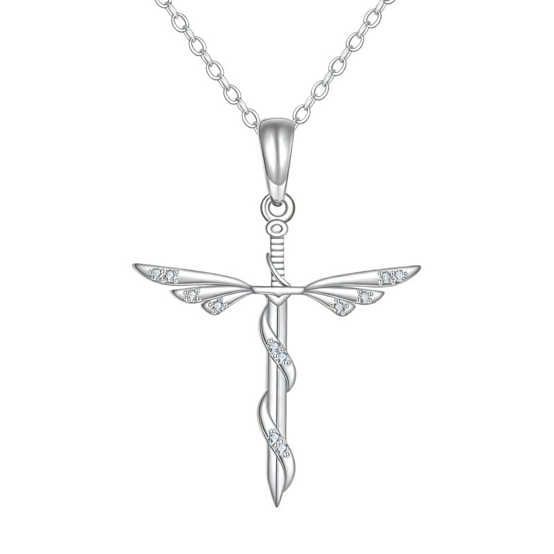 Collier pendentif aile d'ange et croix en or blanc 10 carats et zircon cubique-1