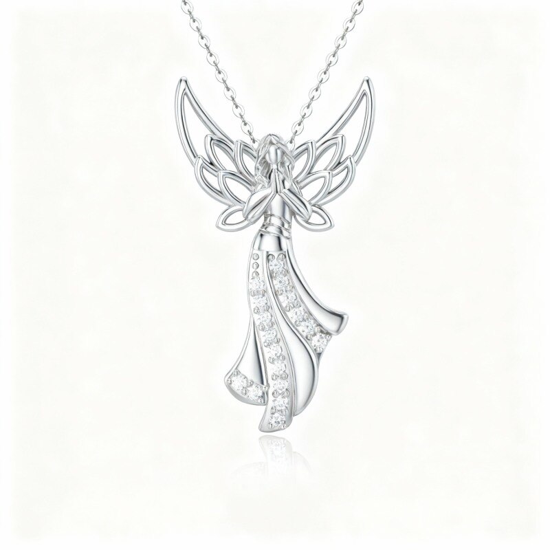 Naszyjnik z wisiorkiem w kształcie skrzydła anioła i wróżki z 10-karatowego białego złota z cyrkoniami sześciennymi-4
