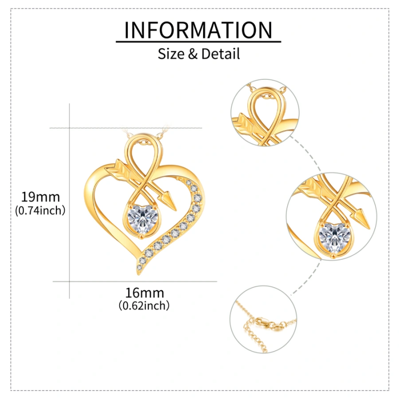 Collar con símbolo de infinito, flecha, corazón y circonitas cúbicas en oro de 14 quilates para mujer-3